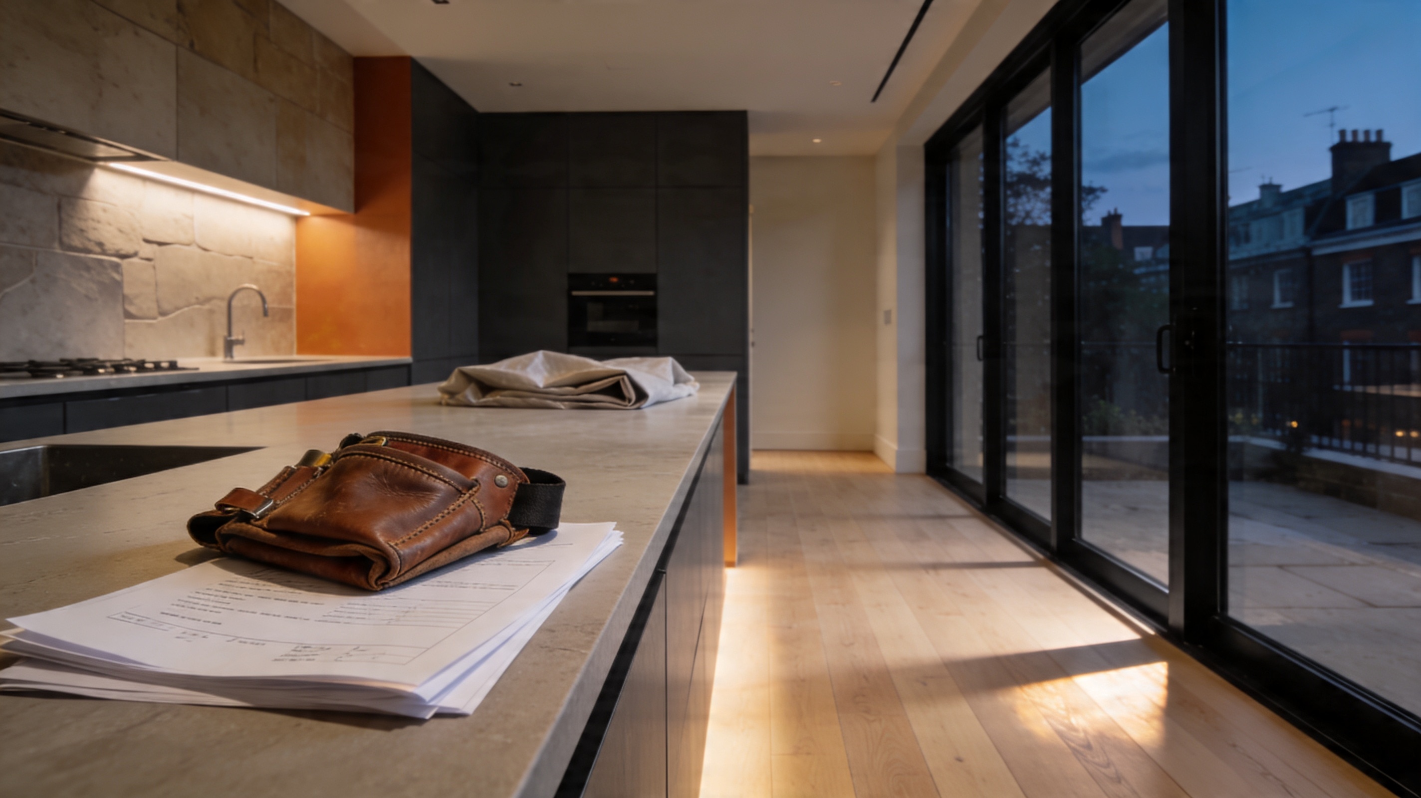 A completed modern London home at blue hour by TB&D Construction