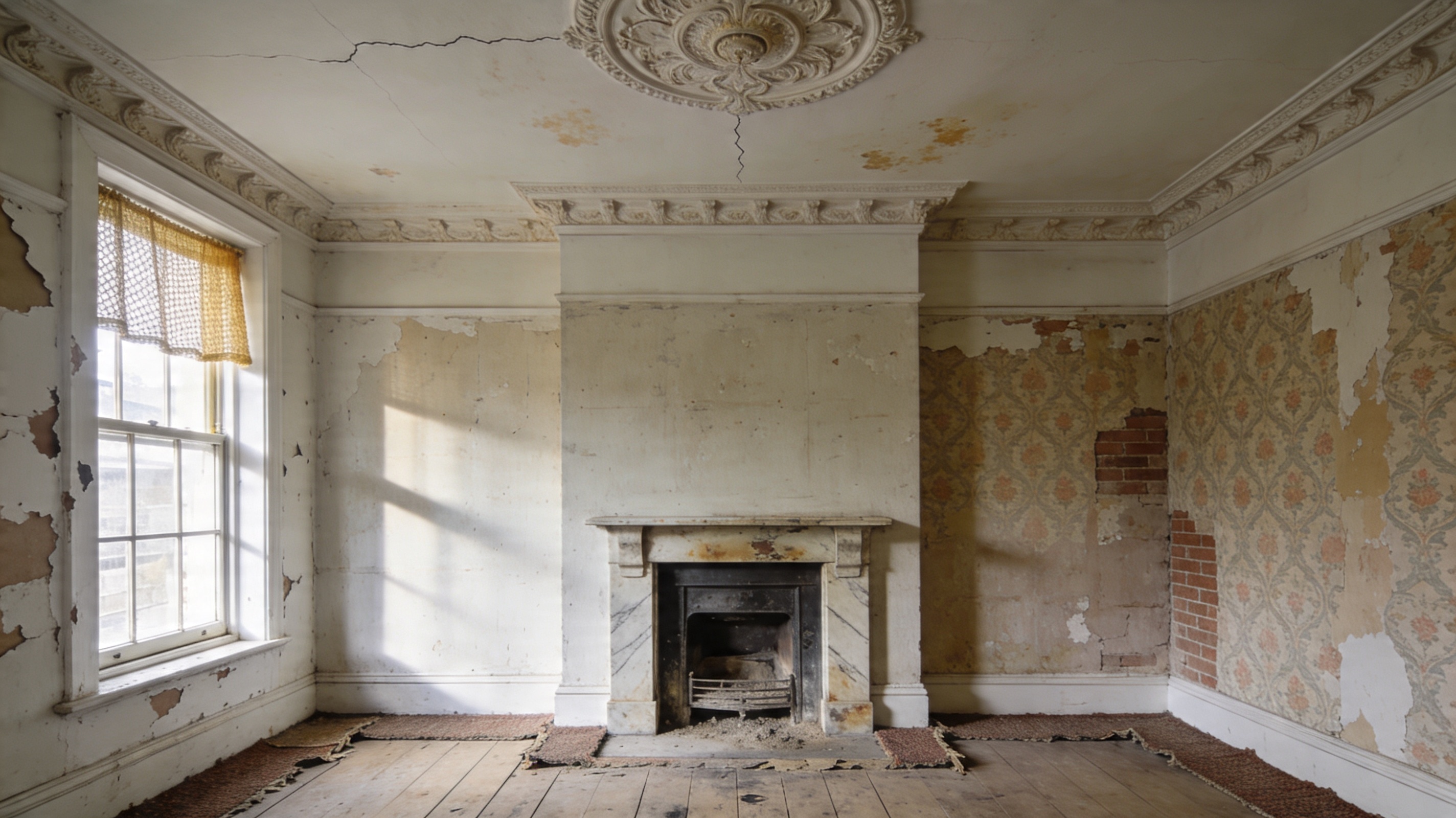 Before renovation — stripped-back London period living room
